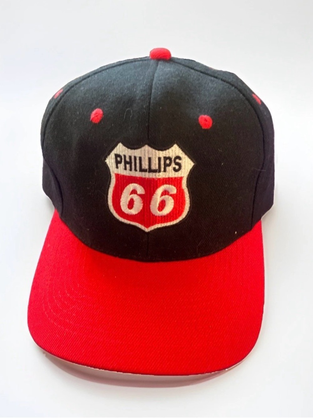 Vintage Phillips 66 Black Red Baseball Cap Hat KC Adjustable Embroidered Logo